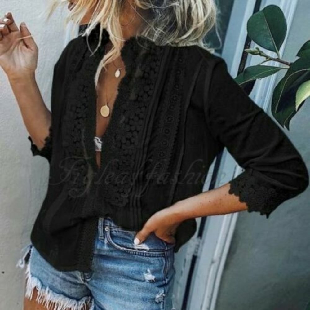 New Bohemian Black Lace Button Front Blouse /  Top Summer Dress Vintage Style